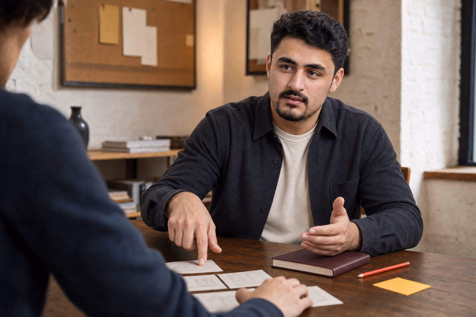 أنس يناقش فكرة مع متعاون حول طاولة عمل