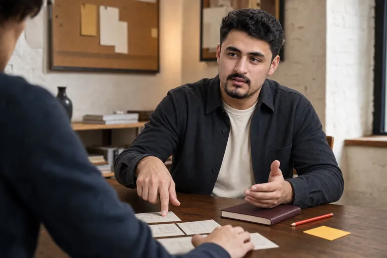 أنس يناقش فكرة مع متعاون حول طاولة عمل